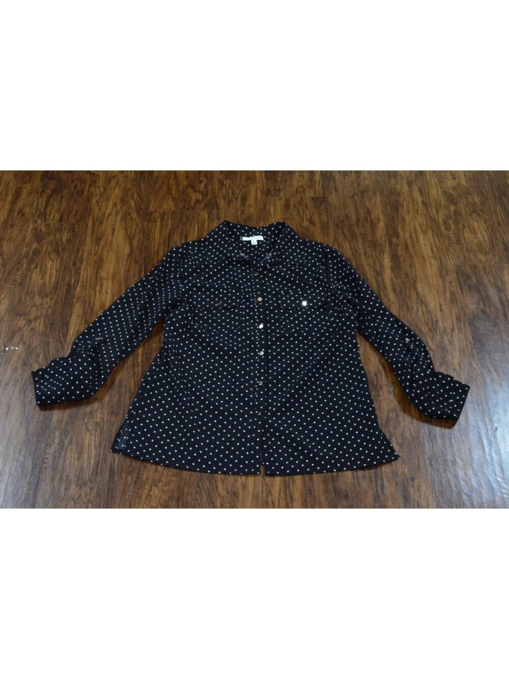 Womens Size Small Black Polka Dot Button Up Shirt Classic Casual Minimalist